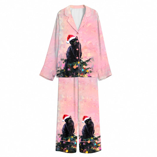 Tokyo-Mood Christmas Santa Hat Black Cat Garland Blush Pink Unisex Long Sleeve Silky Satin Pajama Set