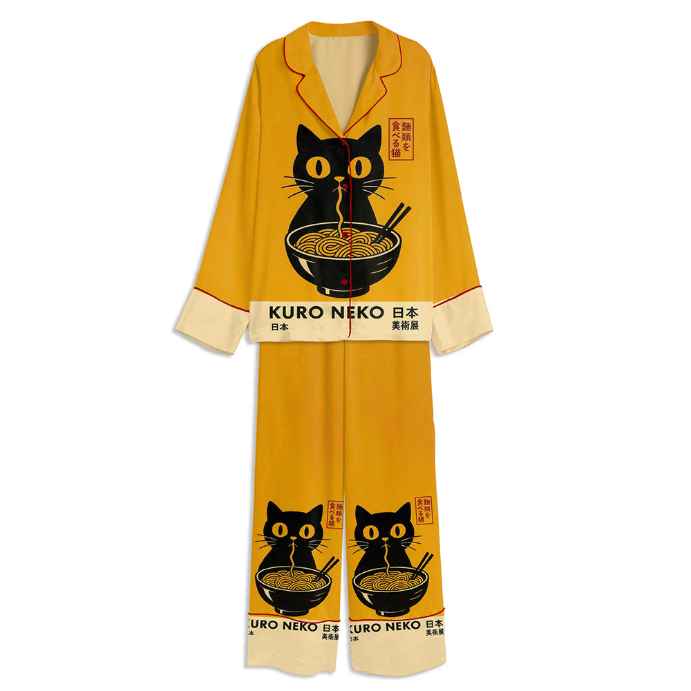 Kuro Neko Anime Cat Japanese Ramen Noodle Unisex Long Sleeve Satin Pajama Set