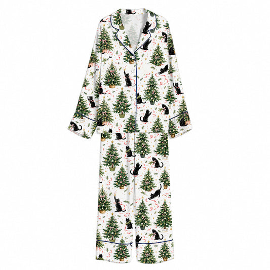 Tokyo-Mood Christmas Tree Black Cat White Unisex Long Sleeve Silky Satin Pajama Set