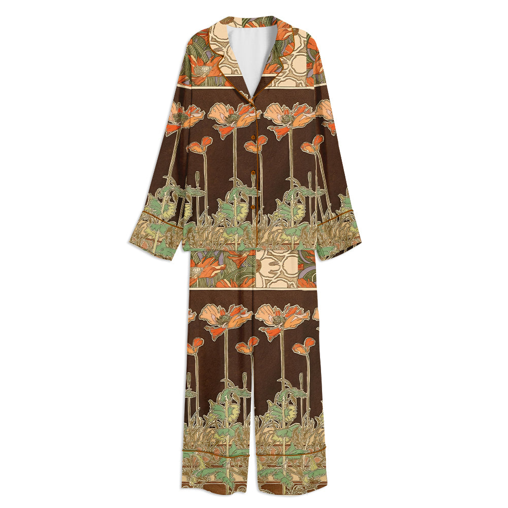 William Morris Art Floral Flower Unisex Long Sleeve Satin Pajama Set