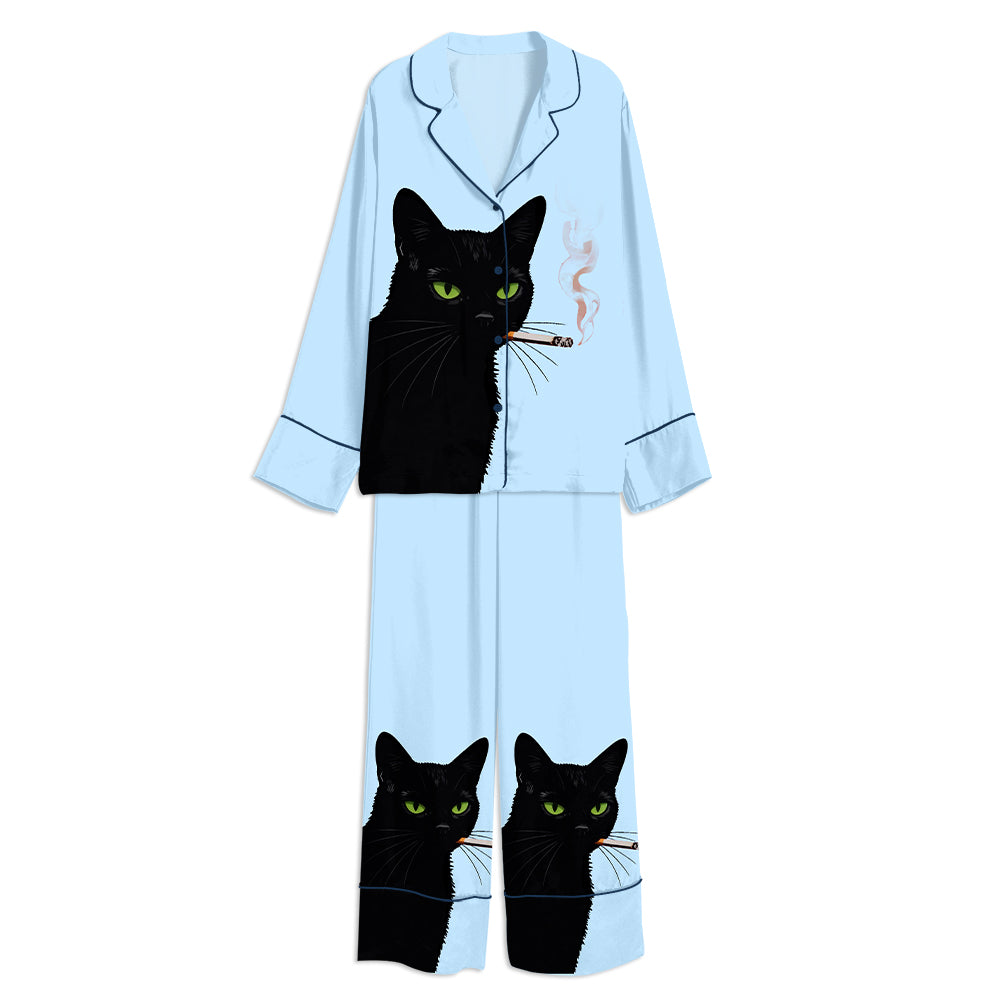 Vintage Black Cat Smoking Cat Art Unisex Long Sleeve Satin Pajama Set