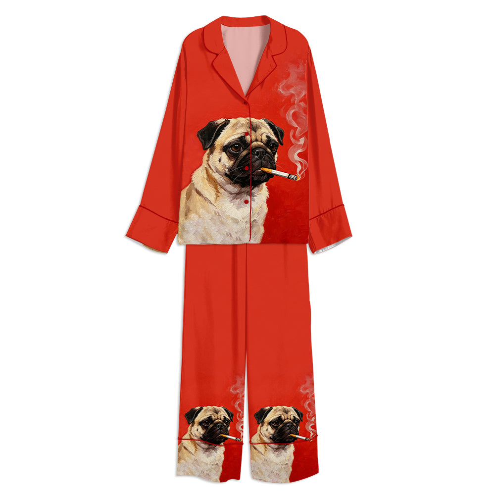 Tokyo-mood Funny Smoking Pug Dog Lovers Unisex Long Sleeve Silky Satin Pajama Set