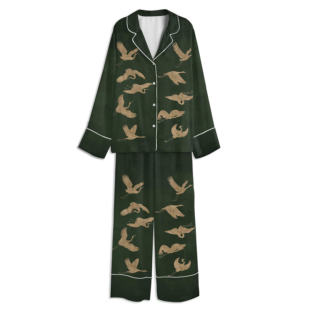 Elegant Gold Crane Unisex Long Sleeve Satin Pajama Set
