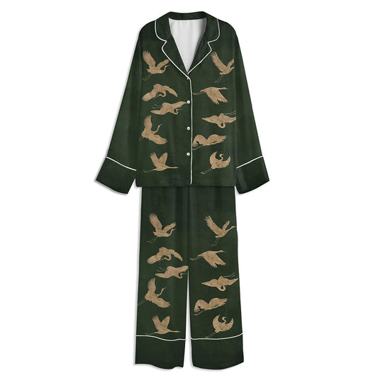 Elegant Gold Crane Unisex Long Sleeve Satin Pajama Set