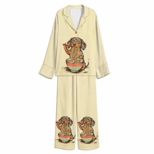 Tokyo-Mood Dachshund Ramen Noodles Cream Unisex Long Sleeve Silky Satin Pajama Set