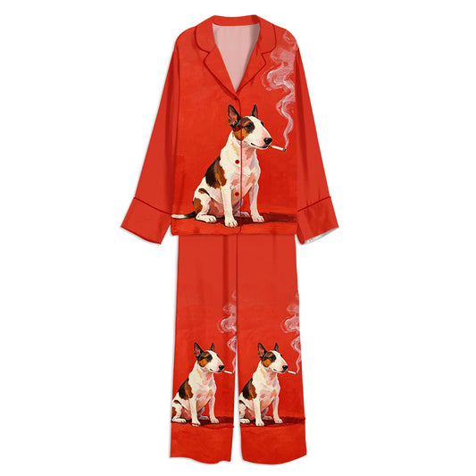 Tokyo-mood Funny Smoking Bull Terrier Dog Lovers Unisex Long Sleeve Silky Satin Pajama Set