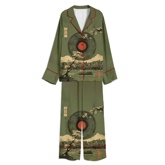 Vintage Japanese Cherry Blossom Music Lover Unisex Long Sleeve Satin Pajama Set