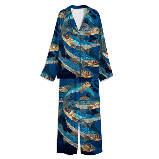 Blue Fish Japanese Ocean Art Unisex Long Sleeve Satin Pajama Set