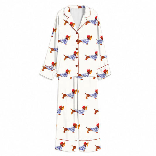 Tokyo-Mood French Sailor Dachshund White Unisex Long Sleeve Silky Satin Pajama Set