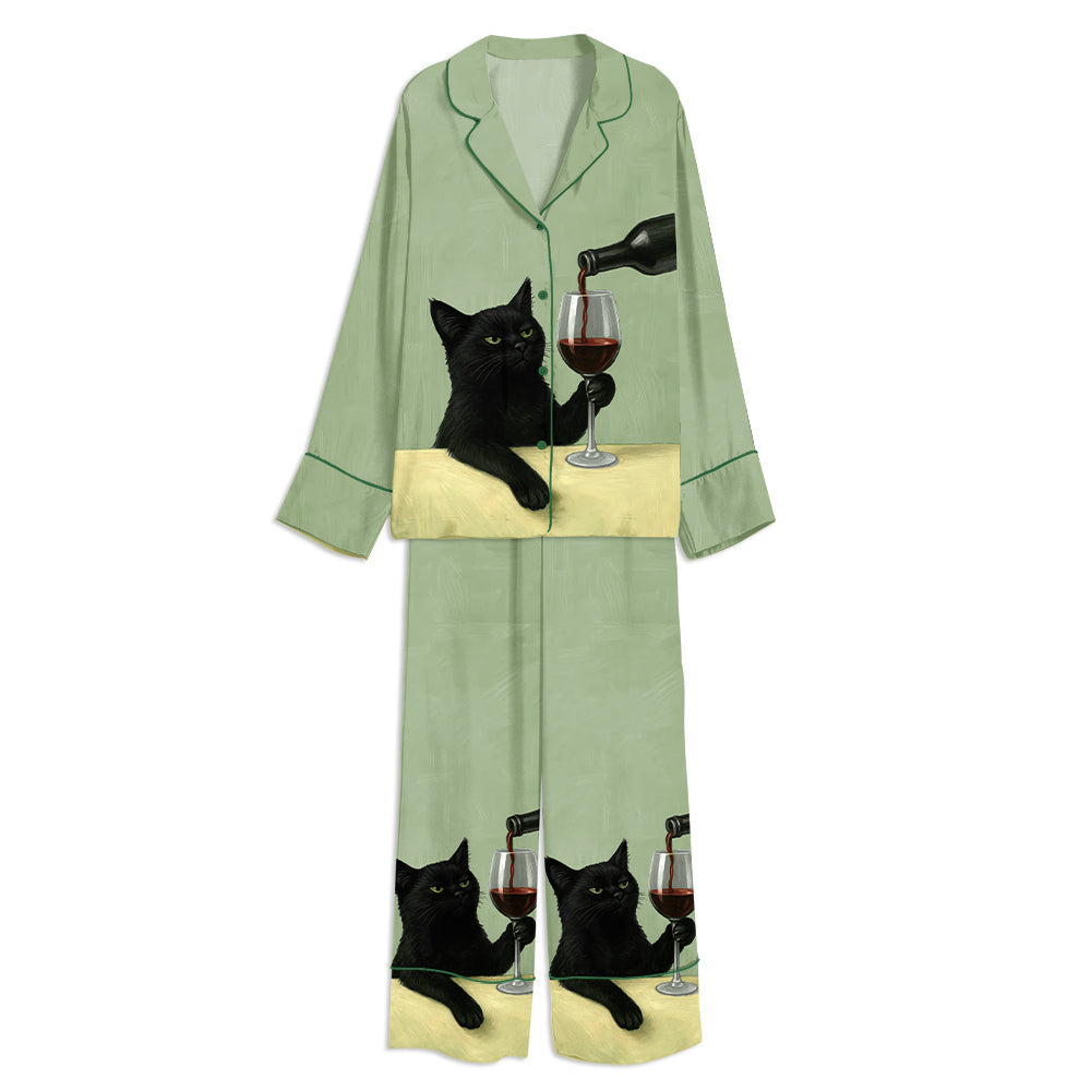 Tokyo-mood Black Cat With Wine Glass Unisex Long Sleeve Silky Satin Pajama Set