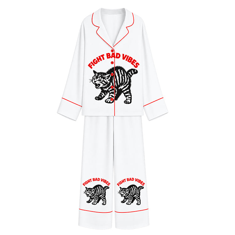 Tokyo-Mood Fight Bad Vibes Grumpy Tabby Cat White Unisex Long Sleeve Silky Satin Pajama Set