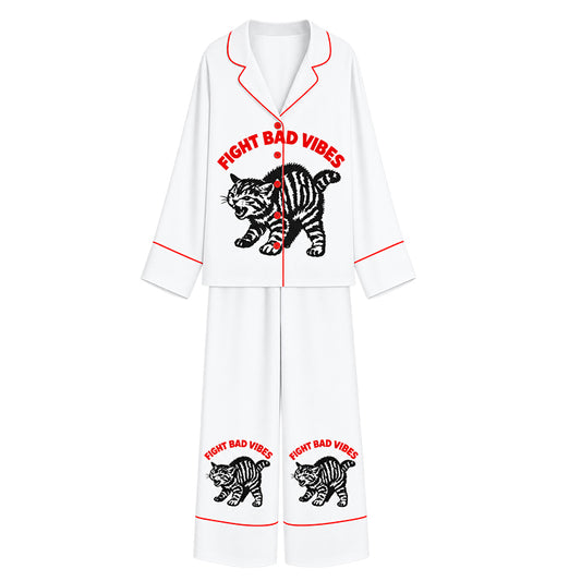 Tokyo-Mood Fight Bad Vibes Grumpy Tabby Cat White Unisex Long Sleeve Silky Satin Pajama Set