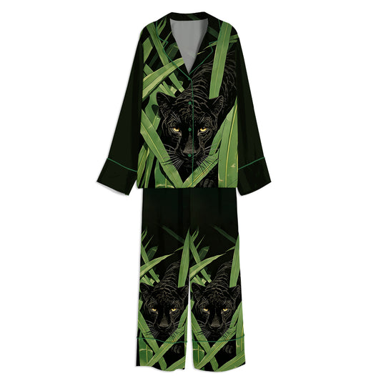 Tokyo-mood Jungle Black Panther Print Unisex Long Sleeve Silky Satin Pajama Set