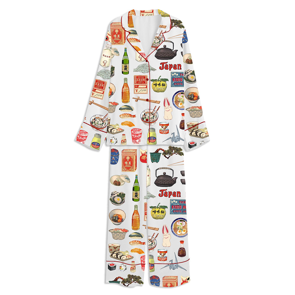 Watercolor Sushi Japan Travel Asian Vacation Unisex Long Sleeve Satin Pajama Set