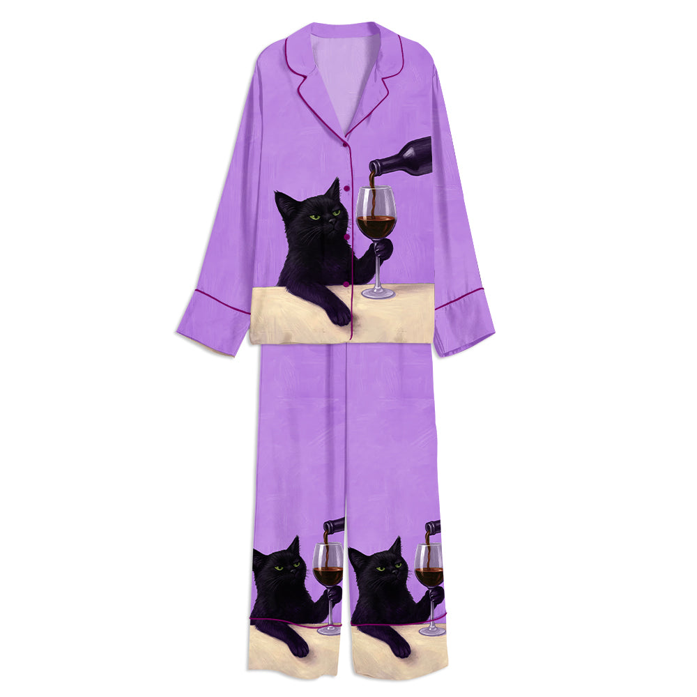 Tokyo-mood Black Cat With Wine Glass Unisex Long Sleeve Silky Satin Pajama Set