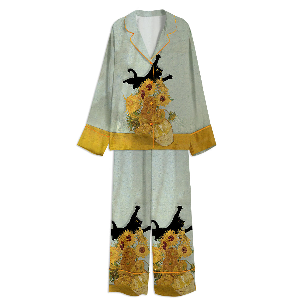 Cat Print Van Gogh Sunflowers Still Life Funny Unisex Long Sleeve Satin Pajama Set