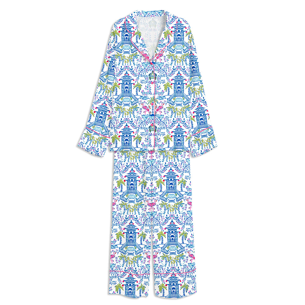 Colorful Chinoiserie Coastal Style Mahjong Party Unisex Long Sleeve Silky Satin Pajama Set