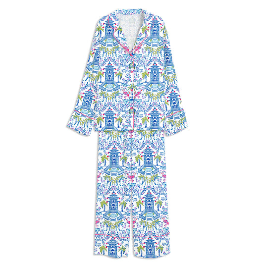 Colorful Chinoiserie Coastal Style Mahjong Party Unisex Long Sleeve Silky Satin Pajama Set