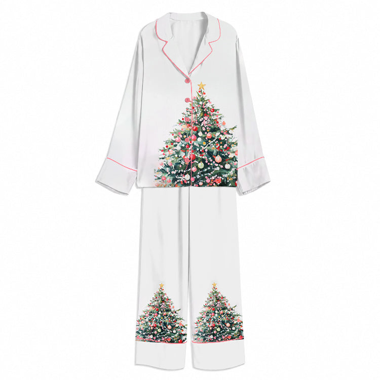 Tokyo-Mood Christmas Classic Ornament Tree White Unisex Long Sleeve Silky Satin Pajama Set