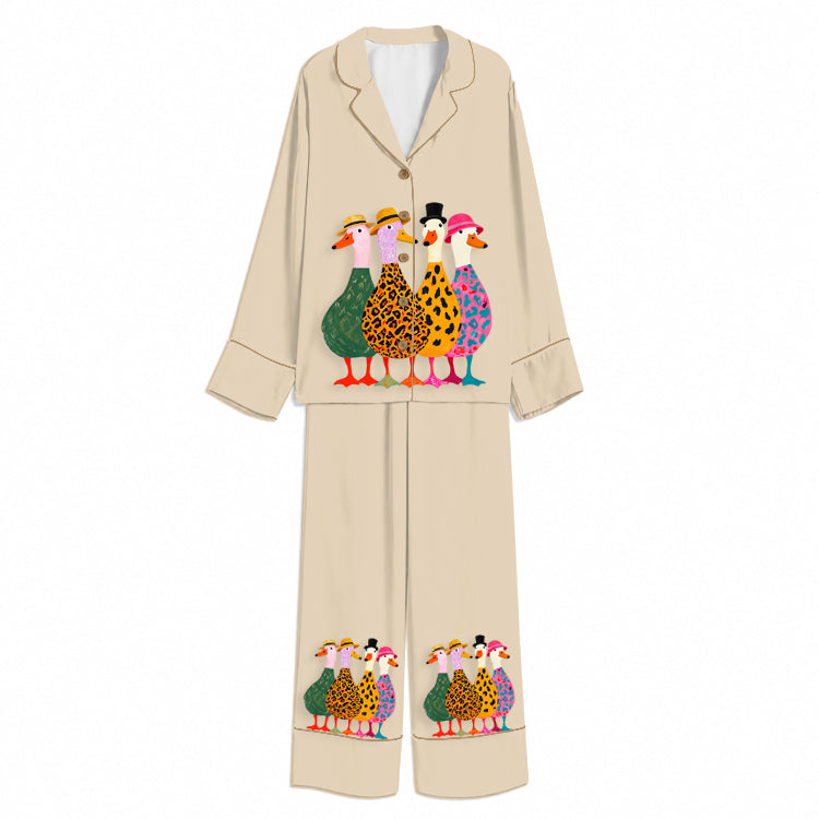 Tokyo-Mood Dapper Duck Quartet Beige Unisex Long Sleeve Silky Satin Pajama Set