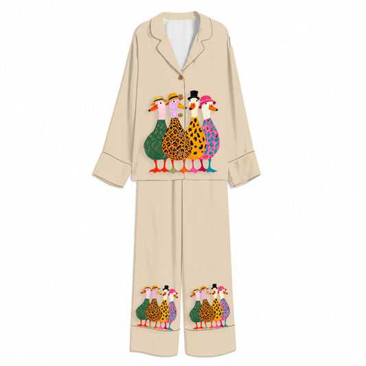 Tokyo-Mood Dapper Duck Quartet Beige Unisex Long Sleeve Silky Satin Pajama Set