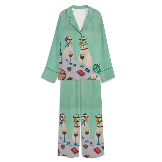 Funny Duck Wine Unisex Long Sleeve Satin Pajama Set