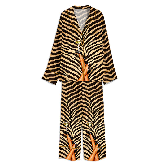 Tokyo-mood Zebra Martini Chic Cocktail Art Unisex Long Sleeve Silky Satin Pajama Set