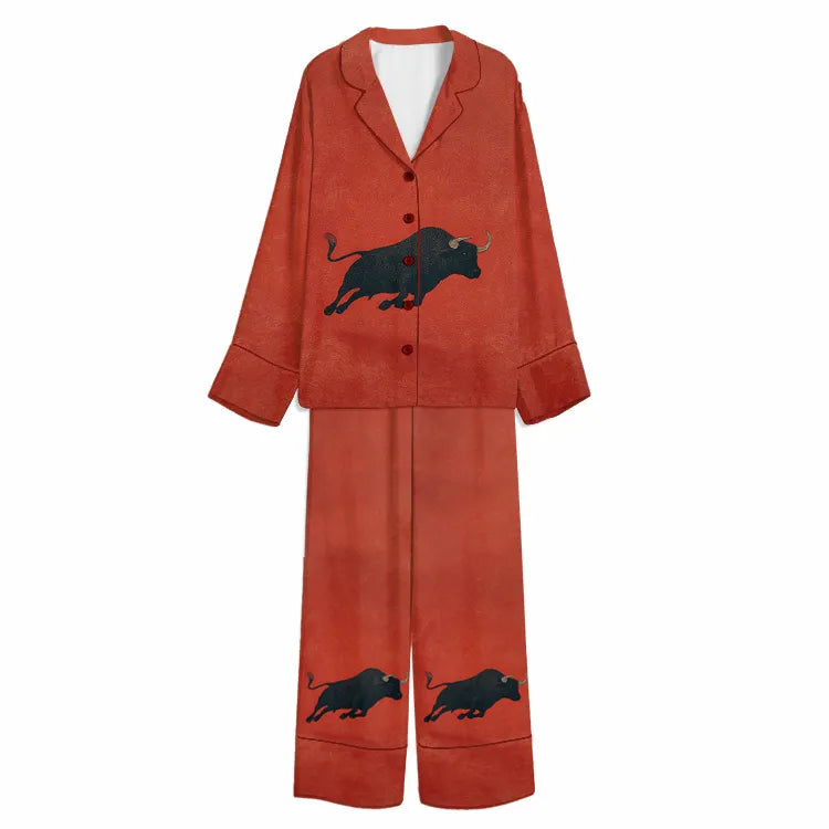 Tokyo-Mood Charging Black Bull Rustic Red Unisex Long Sleeve Silky Satin Pajama Set
