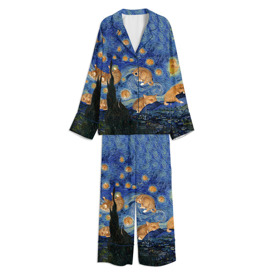 Van Gogh The Furry Starry Night Unisex Long Sleeve Satin Pajama Set
