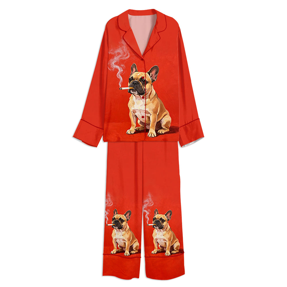 Tokyo-mood Funny Smoking French Bulldog Unisex Long Sleeve Silky Satin Pajama Set