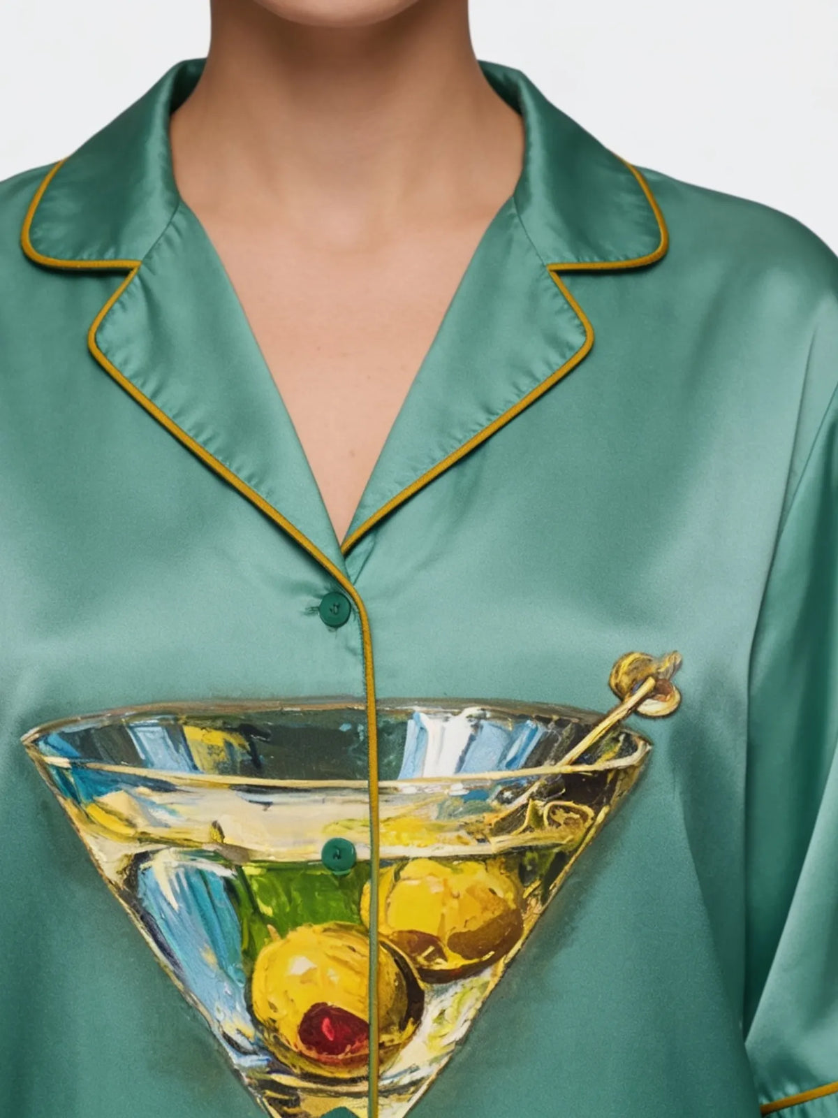 Tokyo-mood Martini Still Life Cocktail Glass With Olives Unisex Long Sleeve Silky Satin Pajama Set