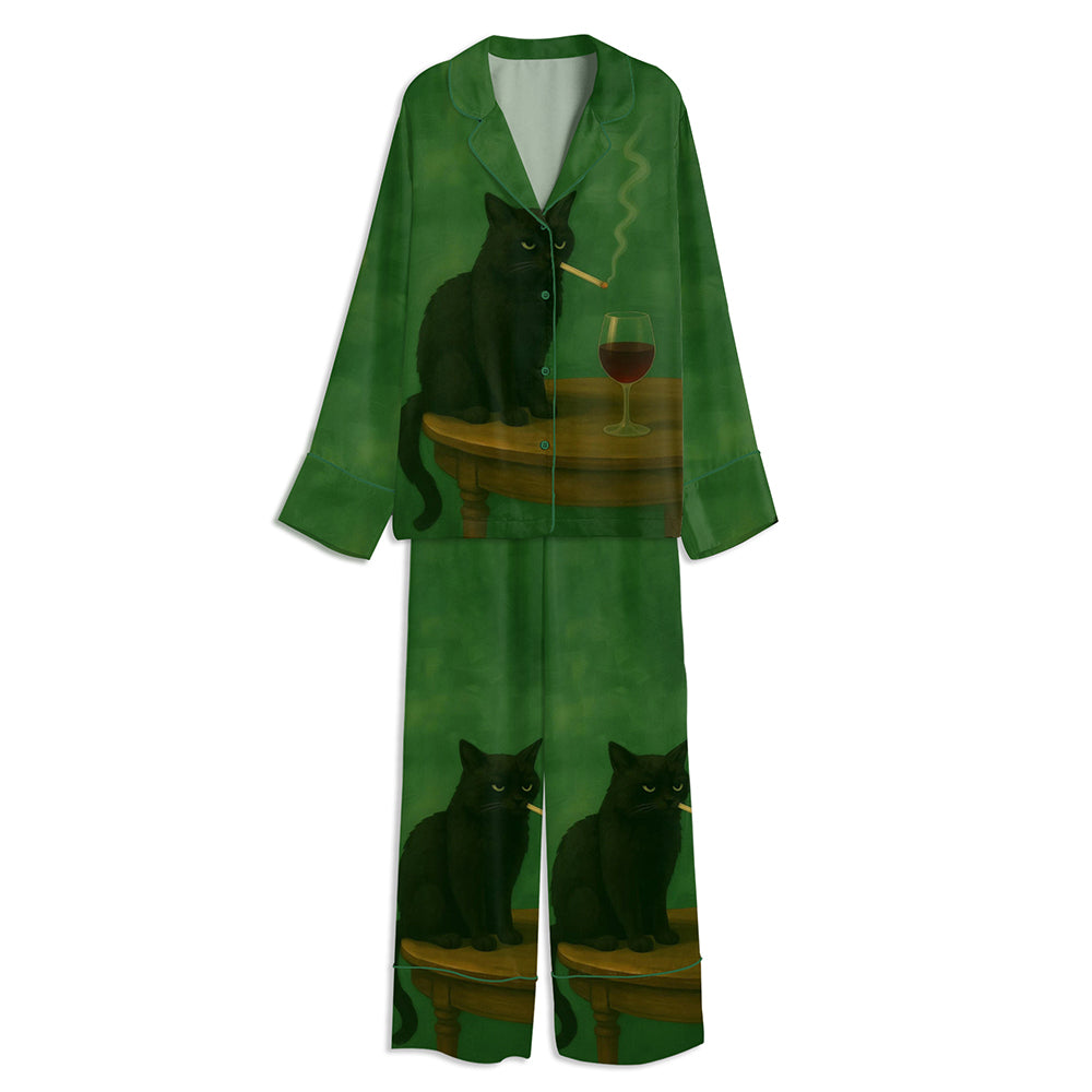 Moody Black Cat Smoking Cigarette And Whiskey Unisex Long Sleeve Satin Pajama Set