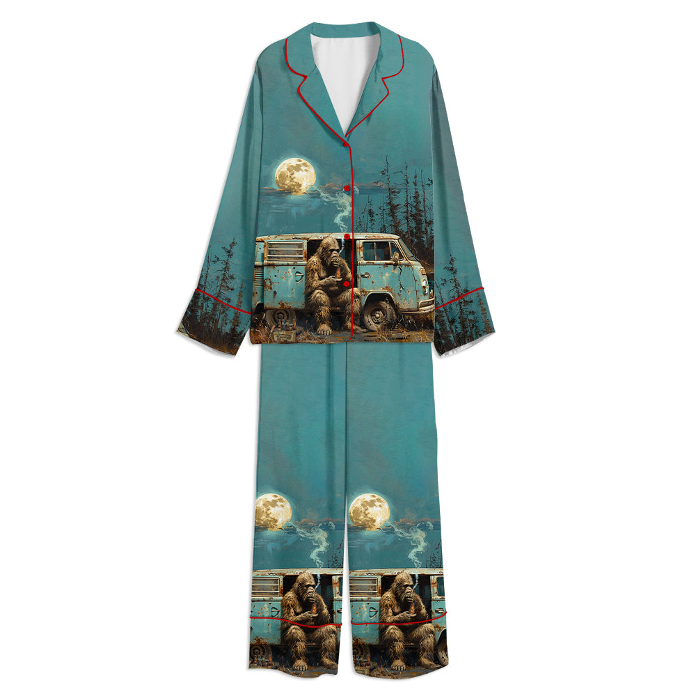 Sasquatch Bigfoot Smoking Unisex Long Sleeve Satin Pajama Set