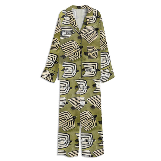 Six Striped Birds Black And White Print Mid Century Style Unisex Long Sleeve Satin Pajama Set