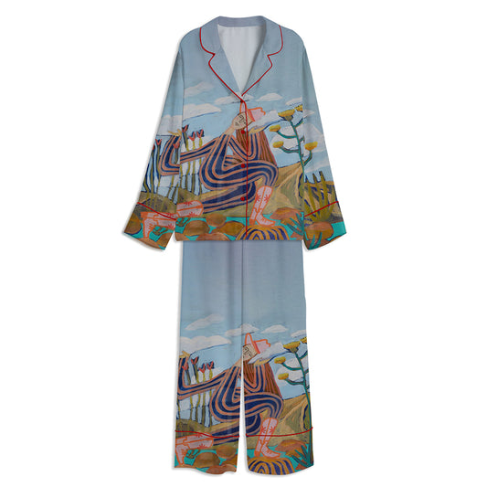 Vintage Western Mid-Century Botanical Home Unisex Long Sleeve Satin Pajama Set