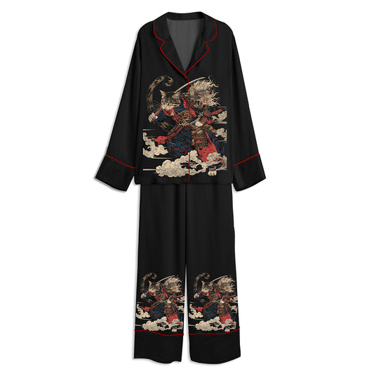 Cat Samurai Unisex Long Sleeve Satin Pajama Set