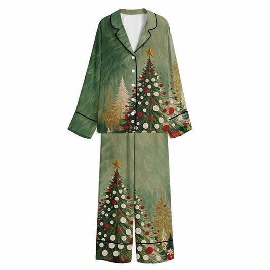 Tokyo-Mood Christmas Enchanted Woodland Tree Green Unisex Long Sleeve Silky Satin Pajama Set