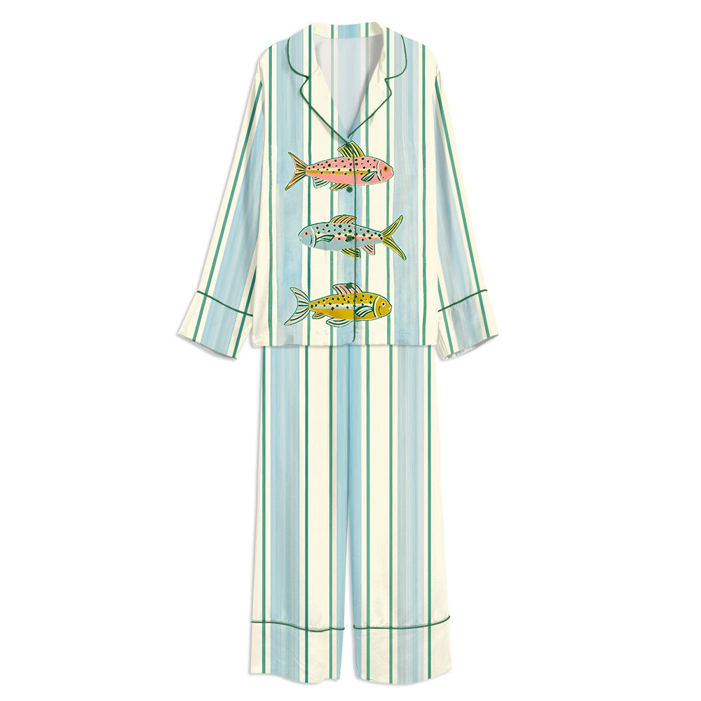 Tokyo-mood Watercolor Coastal Pastel Fish Unisex Long Sleeve Silky Satin Pajama Set