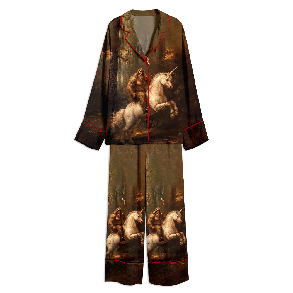 Bigfoot Riding Unicorn Unisex Long Sleeve Satin Pajama Set