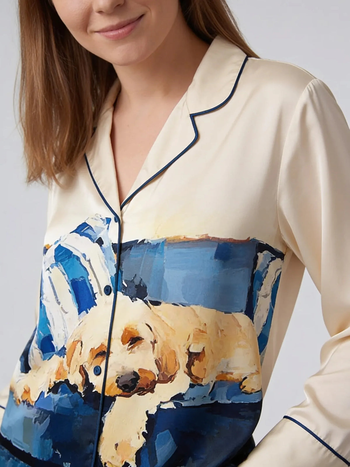Tokyo-mood Goldendoodle Dog Sleeping On Sofa Unisex Long Sleeve Silky Satin Pajama Set