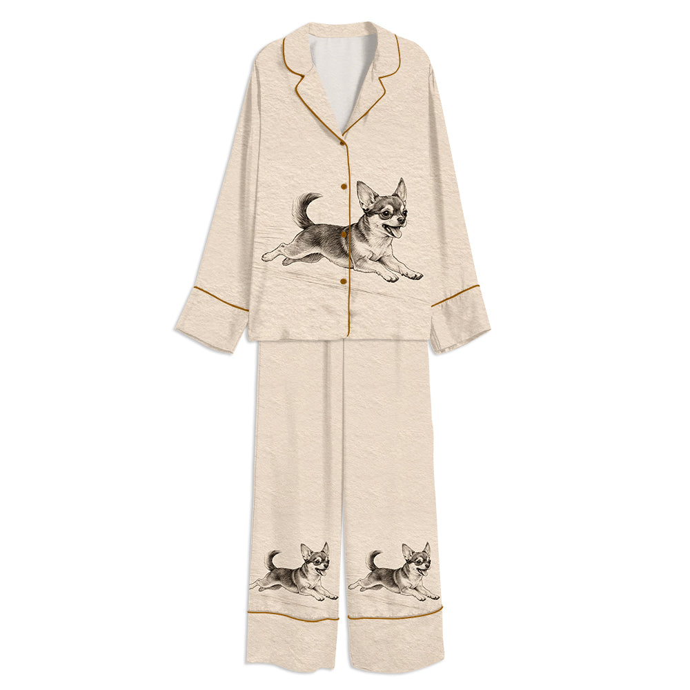 Tokyo-mood Vintage Running Chihuahua Unisex Long Sleeve Silky Satin Pajama Set
