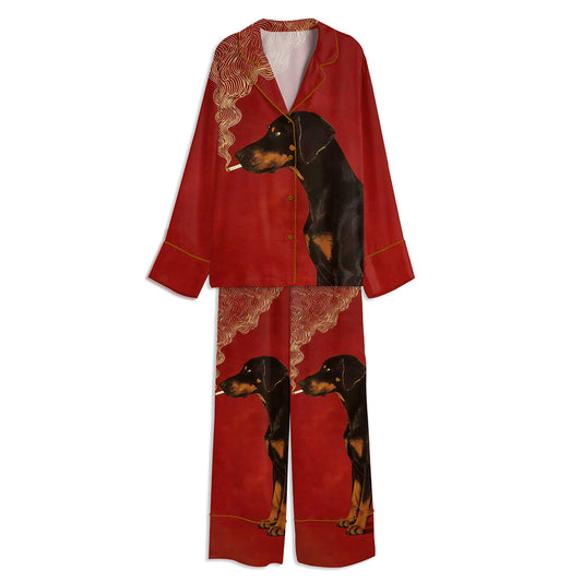 Vintage Dog Smoking A Cigarette Unisex Long Sleeve Satin Pajama Set