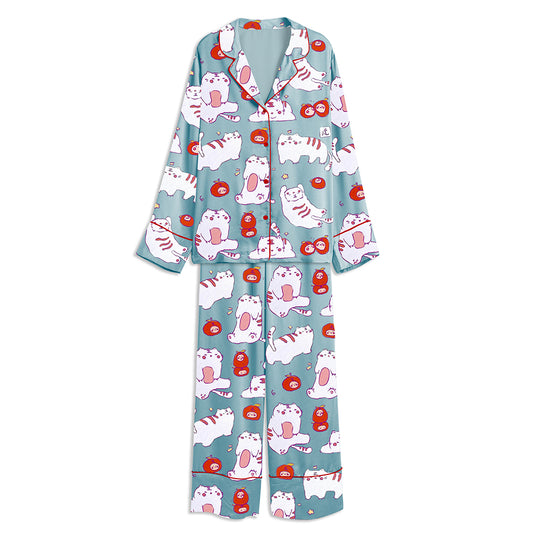Adorable Tiger Cat Unisex Long Sleeve Satin Pajama Set