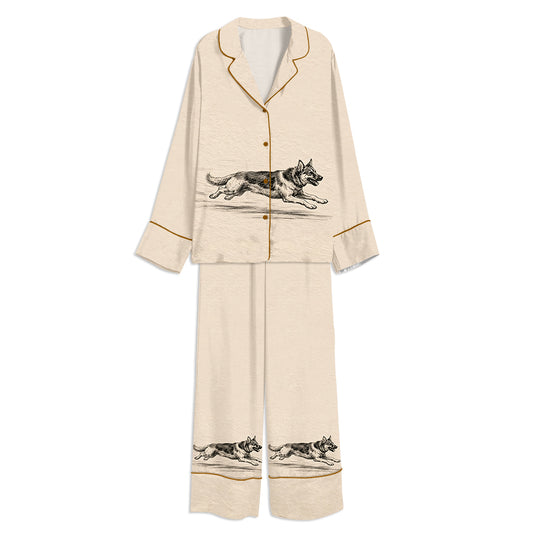Tokyo-mood German Shepherd Vintage Dog With Zoomies Unisex Long Sleeve Silky Satin Pajama Set