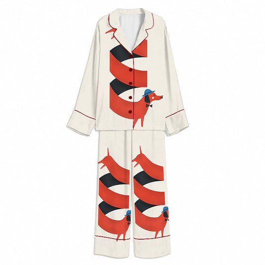 Tokyo-Mood Twisting Ribbon Dachshund Ivory Unisex Long Sleeve Silky Satin Pajama Set