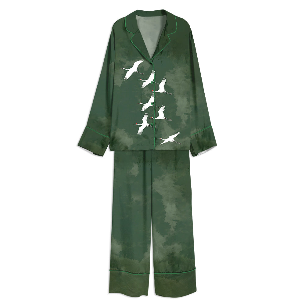 Flying Cranes Japandi Style Unisex Long Sleeve Satin Pajama Set