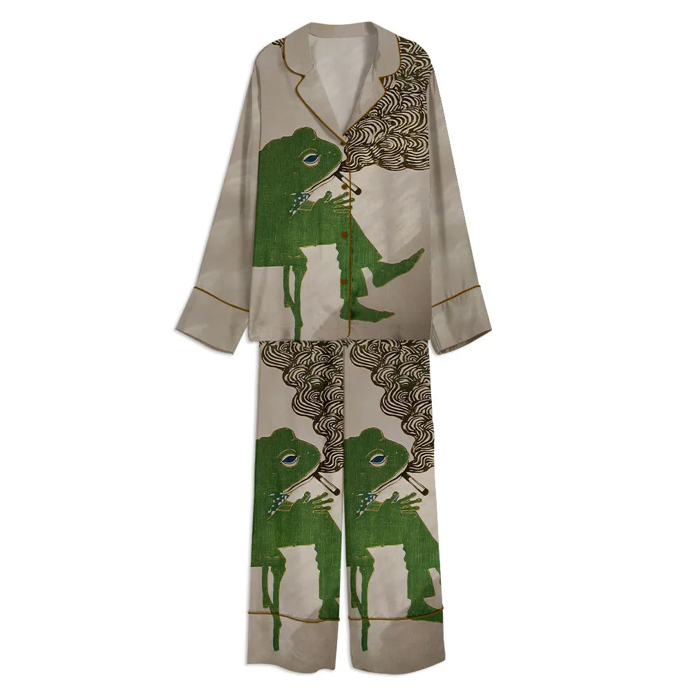 Frog Smoking A Cigarette Vintage Unisex Long Sleeve Satin Pajama Set