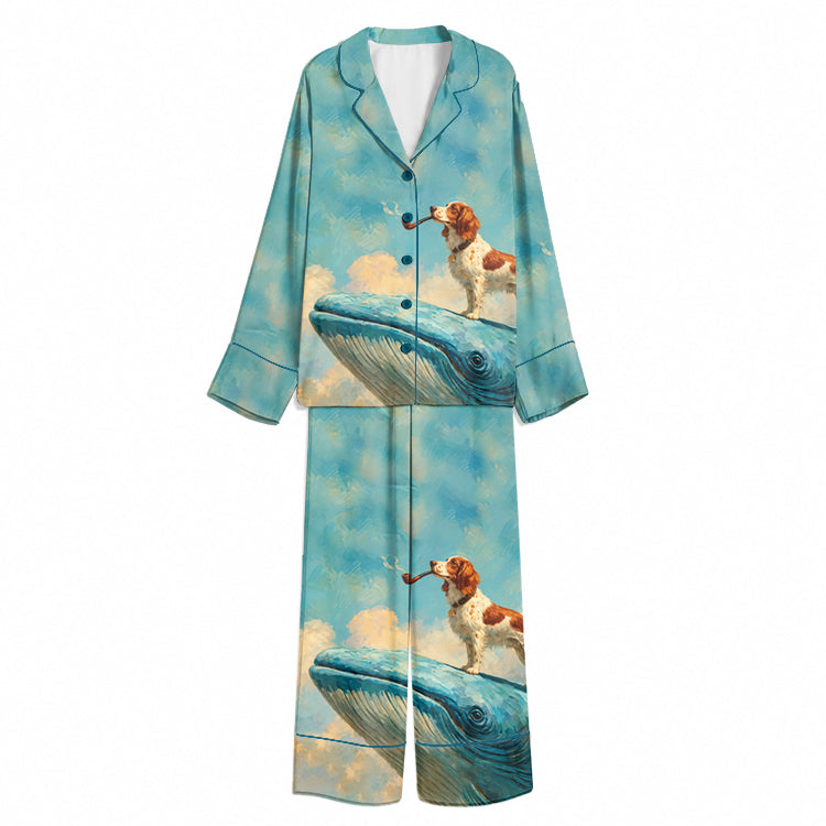 Tokyo-Mood Pipe-Smoking Dog and Blue Whale Sky Blue Unisex Long Sleeve Silky Satin Pajama Set