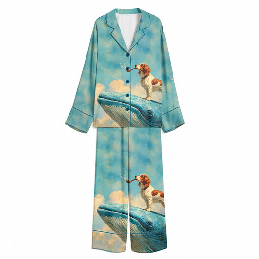 Tokyo-Mood Pipe-Smoking Dog and Blue Whale Sky Blue Unisex Long Sleeve Silky Satin Pajama Set