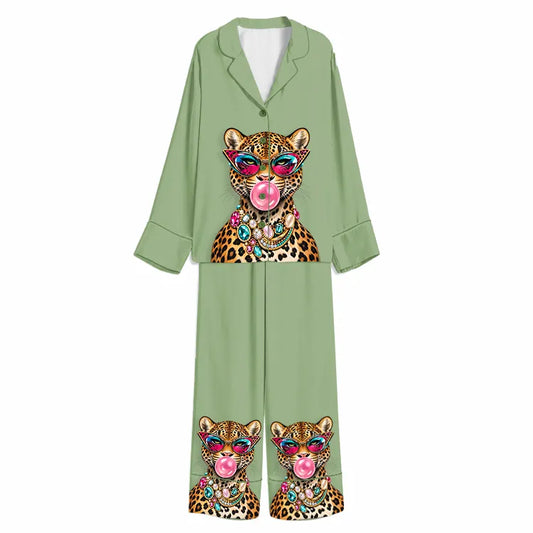 Tokyo-Mood Jeweled Bubblegum Leopard Sage Green Unisex Long Sleeve Silky Satin Pajama Set
